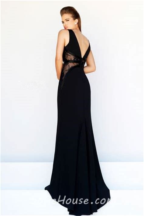 slim sheath v neck long black chiffon see through lace formal evening prom dress