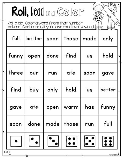 Roll Read And Color Sight Words The Teacher Bag