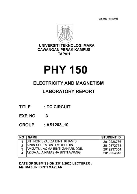 Experiment Lab Report Phy Oct Feb Universiti Teknologi Mara Cawangan Perak