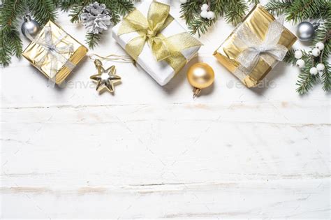 christmas background  gold  silver decorations  white stock photo  nadianb