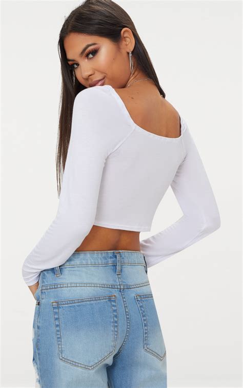 Basic White Jersey Square Neck Long Sleeve Crop Top Prettylittlething Sa