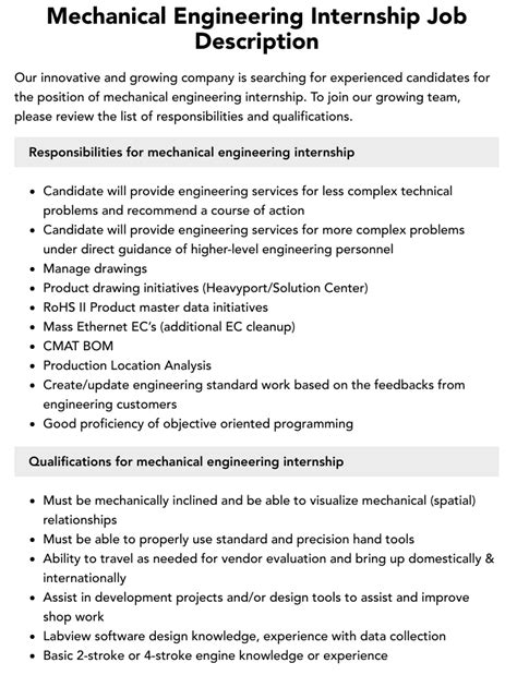 Mechanical Engineering Internship Job Description Velvet Jobs
