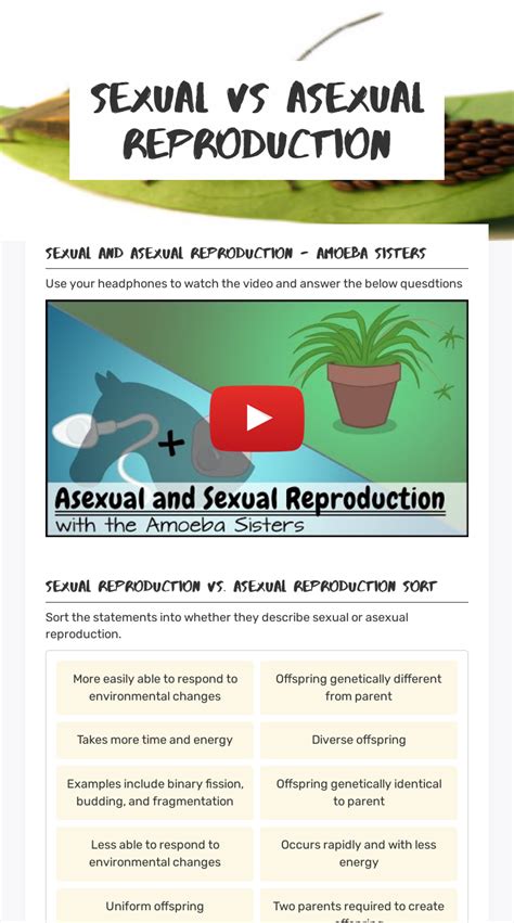 Sexual Vs Asexual Reproduction Interactive Worksheet By Aneisha Turner Wizer Me