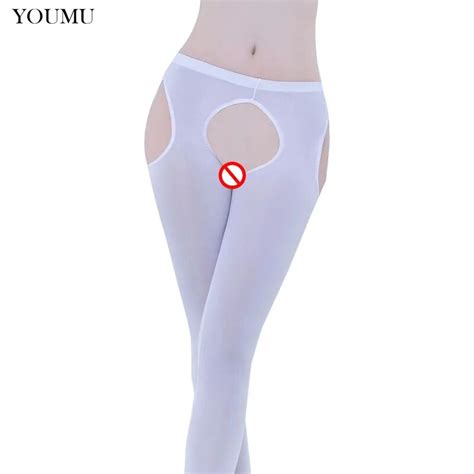 Women Sexy Crotchless Leggings Nylon Solid Skinny Pants See Through Colors Mid Waist Hollow