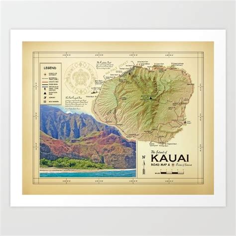 Island Of Kauai Vintage Inspired Na Pali Coast Road Map Art Print By