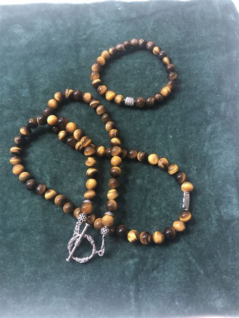 Mens Tigers Eye And Sterling Silver Bracelet And Necklace Sterling