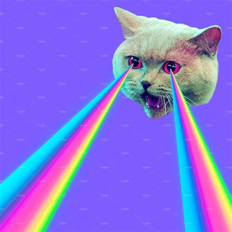 Evil Cat With Rainbow Lasers From Eyes Minimal Collage Fashion Concept