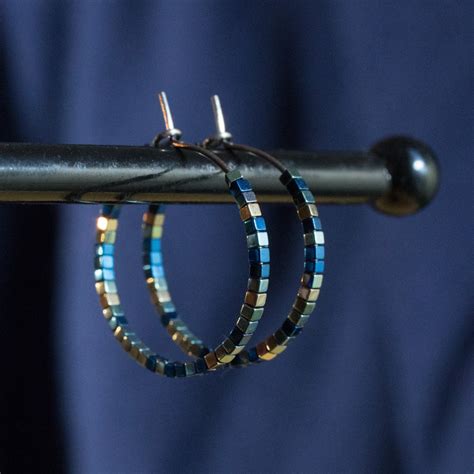 Titanium Earrings With Hematite Beads Hypoallergenic Hoop Earrings