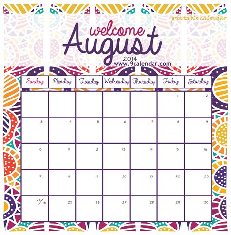 Free Printable Calendar August Printable World Holiday