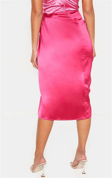 Hot Pink Satin Twist Front Midi Skirt Prettylittlething