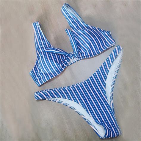 Women Sexy Bandage Bikini Striped Plaid Swimwear Push Up Padded Bra