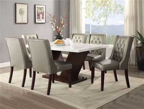 Forbes 7 Piece Dining Room Set In White Marble And Walnut Finish By Acme