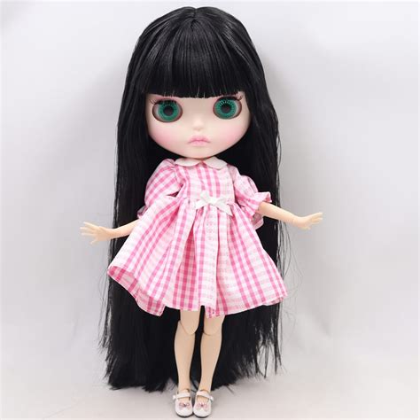 Romantic handmade textile doll with long black hair. ICY Neo Blythe Doll Black Hair Carved Lips Jointed Body 30cm