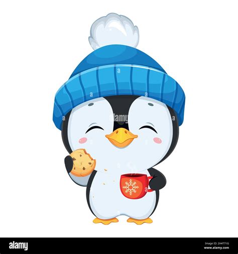 Cute Little Penguin Cartoon Character Funny Penguin In Blue Hat