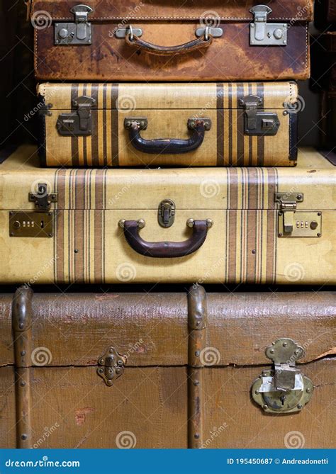 Vintage Suitcases And Trunk Stacked Together Stock Image Image Of