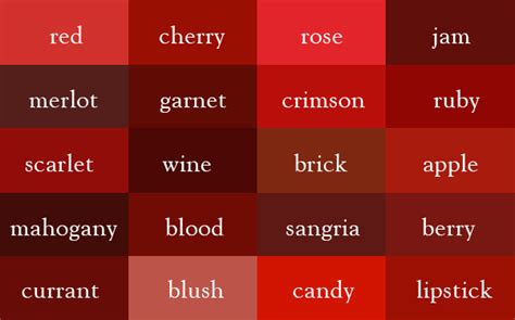 Cool Color Thesaurus 240 Color Names On An Infographic Red Color Names
