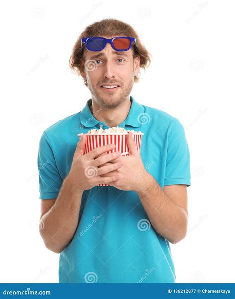 Emotional Man With 3D Glasses And Popcorn During Cinema Show Stock