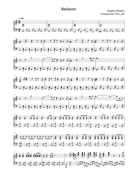 Believer Imagine Dragons Sheet Music For Piano Solo