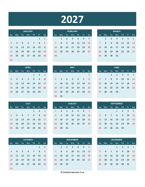 2027 Calendar Printable Word Pdf