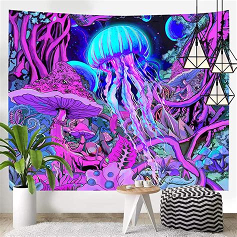 Psychedelic Colorful Mushroom Jellyfish Tapestry Wall Etsy