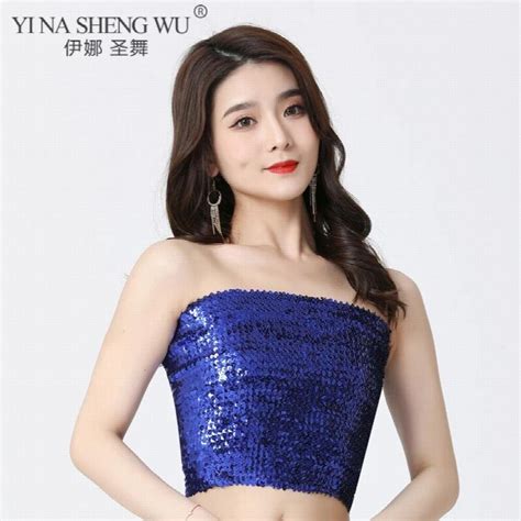 Female Stretch Sequin Tube Top Belly Dance Sparkly Bandeau Top Clubwear Night Club Disco Party