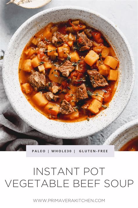 Set instant pot, or multifunction cooker, on saute. Make a hearty vegetable beef soup in no time with this ...