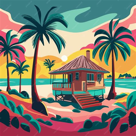 Premium Vector Tropical Island Sunset Landscape Vector Cartoon