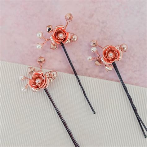 Set Of Three Rose Gold Flower Hair Pins By Melissa Morgan Designs