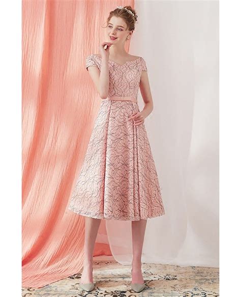 Unique Vintage Pink Tea Length Party Dress With Cap Sleeves Ama86037