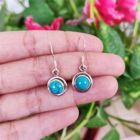 Natural Turquoise Round Earrings925 Sterling Silver Etsy