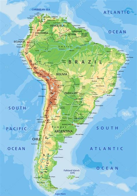 South America Physical Map With Labeling Stock Vector Image By