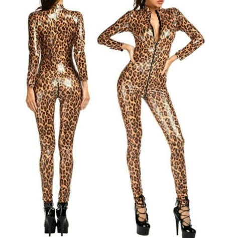 2 way zipper sexy leopard print jumpsuit leather wet look shiny bodysuit catsuit ebay