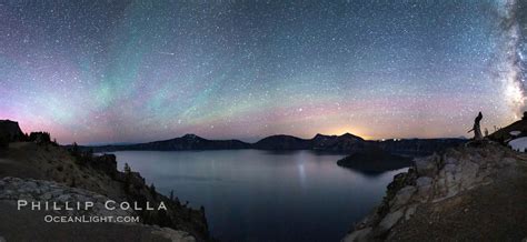 Air Glow Faint Aurora Borealis And Stars Over Crater Lake At Night