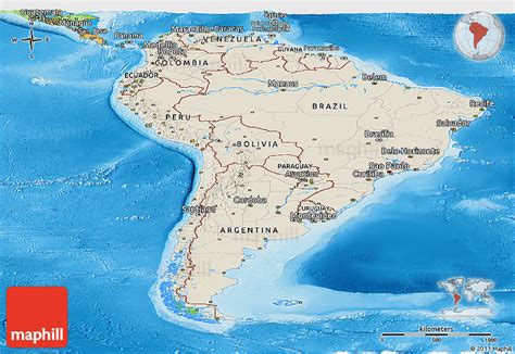 Shaded Relief Panoramic Map Of South America Political Outside Shaded