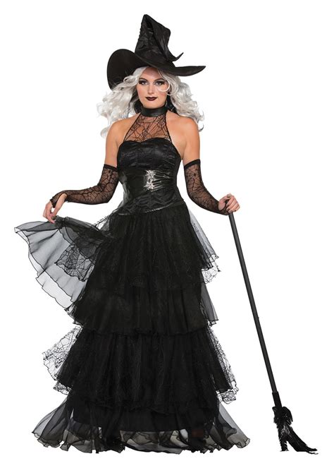 Plus Size Woman Black Witches Dress Costumes Suit With Hat Gloves For