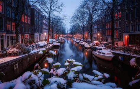 Wallpaper Winter Light Snow Lights Morning Amsterdam Channel