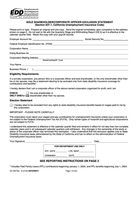 California provides unemployment insurance for unemployed and underemployed residents. Form De 459 - Sole Shareholder/corporate Officer Exclusion Statement - 2004 printable pdf download