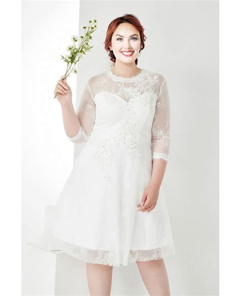 Modest Plus Size White Lace 34 Sleeves Short Wedding