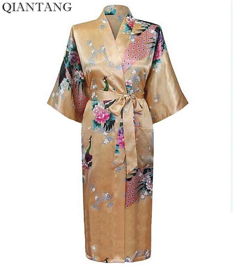 Fashion Gold Chinese Womens Silk Rayon Robe Kimono Bath Gown Lady Spring Nightgown Mujer Pijama