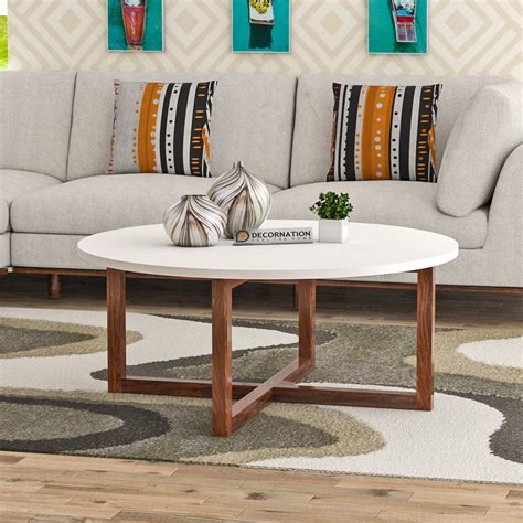 Wooden Mdf Round Coffee Table With Solid Wood Legs White