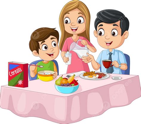 Gambar Kartun Keluarga Bahagia Sedang Sarapan Di Atas Meja Makanan