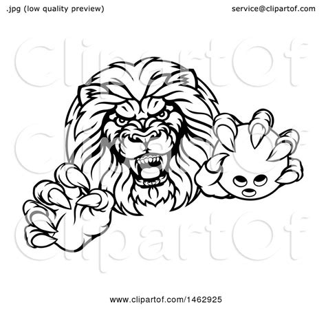 Clipart Of A Black And White Tough Clawed Male Lion Monster Mascot