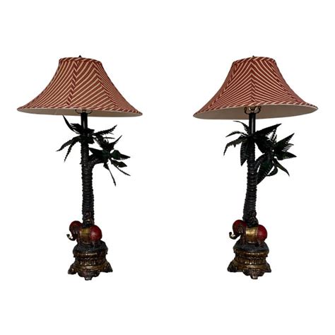 Elephant And Boy Tropical Palm Tree Table Lamps A Pair Chairish