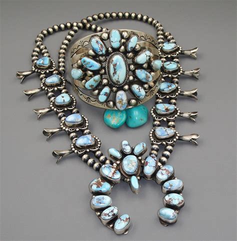 Golden Hill Turquoise Navajo Squash Blossom Necklace Sterling Cluster P