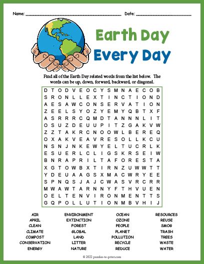 Earth Day Word Search Kindergarten
