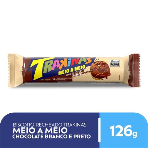 Biscoito Recheado Trakinas Meio A Meio Chocolate Ao Leite E Branco 126g