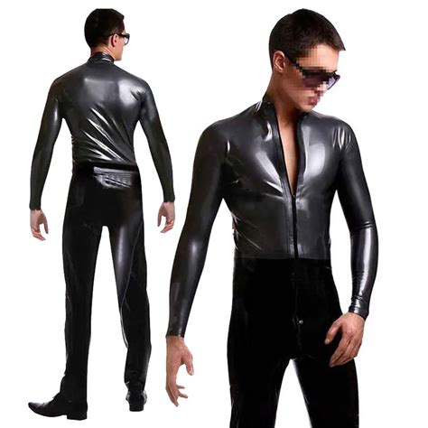 Sexy Lingerie Gay Mens Bondage Fetish Black Stretch Pvc Look Latex Spandex Jumpsuit Catsuit