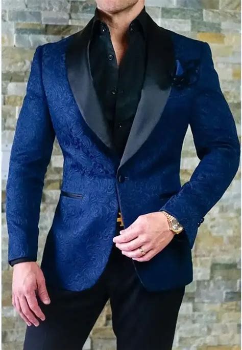 2018 Navy Blue Pattern Tuxedo With Black Lapel Latest Coat Pant Designs