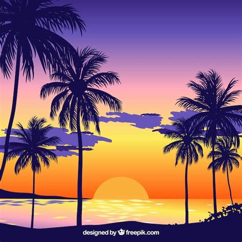 Sonnenuntergang Hintergrund Am Strand Mit Palmen Kostenlose Vektor