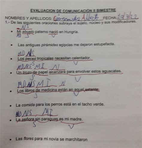 1 De Las Siguientes Oraciones Subraya El Sujeto Núcleo Y Sus